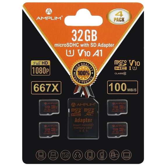 Amplim 32GB Micro SD Card, 4 Pack MicroSD Memory Plus Adapter, MicroSDHC Class 10 UHS-I U1 V10 TF