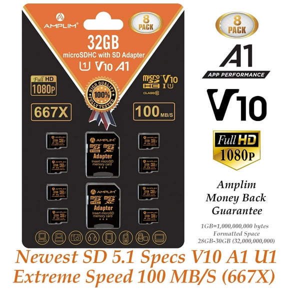 Amplim 32GB Micro SD Card, 8 Pack MicroSD Memory Plus Adapter, Extreme High Speed MicroSDHC Class 10 UHS-I U1 V10 TF Nintendo-Switch, GoPro Hero, Raspberry Pi, Phone Galaxy, Camera Cam, Tablet, PC