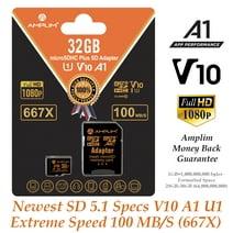 Amplim 32GB Micro SD Card, MicroSD Memory Plus Adapter, Extreme High Speed MicroSDHC U1 Class 10 V10 UHS-I TF Nintendo-Switch, GoPro Hero, Surface, Raspberry Pi, Phone Galaxy, Camera Cam, Tablet, PC