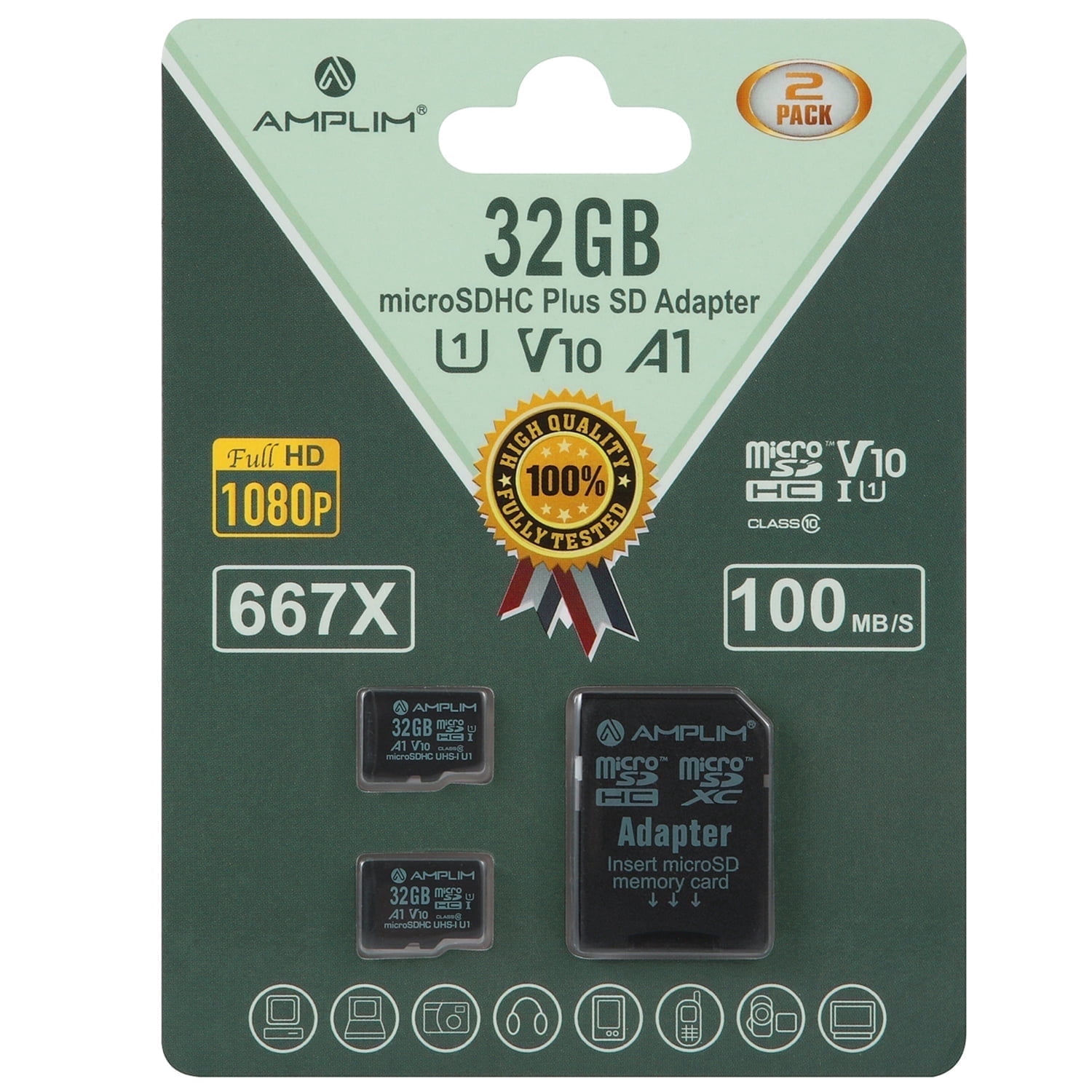 Amplim 32GB MicroSD Card, 2 Pack Micro SD Memory Plus Adapter, MicroSDHC Class 10 UHS-I U1 V10 TF