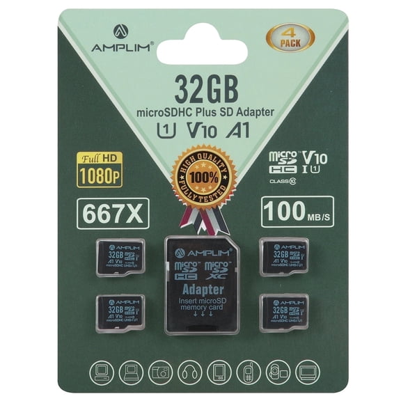 Amplim 32GB MicroSD Card, 4 Pack Micro SD Memory Plus Adapter, Extreme High Speed MicroSDHC Class 10 UHS-I U1 V10 TF, GoPro Hero, Raspberry Pi, Phone Galaxy, Camera Cam, Tablet, PC