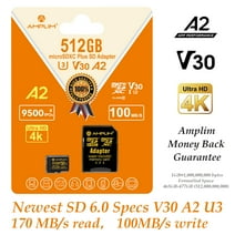 Amplim 512GB Micro SD Card, 170MB/S A2 MicroSD Memory Card Plus Adapter, MicroSDXC U3 Class 10 V30 UHS-I 512 GB