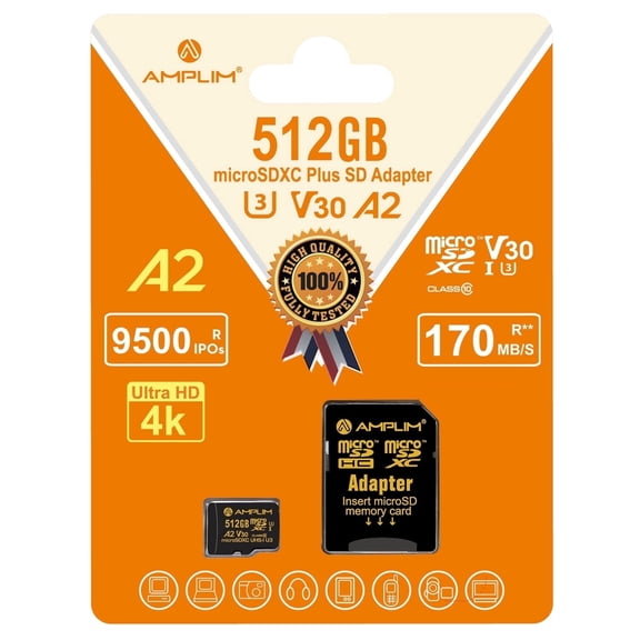 Amplim 512GB Micro SD Card - High Speed MicroSD for Camera, MicroSDXC Memory Card for Mini SDXC with Adapter, A2 U3 Class 10 for GoPro, Phone, Tablet Video