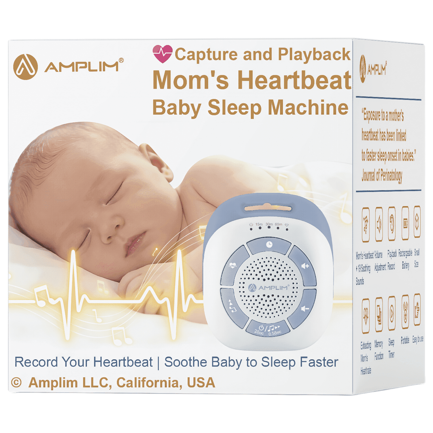 Amplim Mini Mom's Real Heartbeat Sound Machine Calming Bedroom Sleep Soother for Newborn