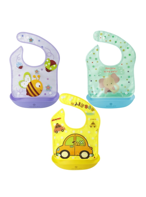 Amplim Convertible Baby Bibs | Toddler Bibs for Drooling, Feeding, Eating | Waterproof, Adjustable, Lightweight, Plastic Catcher | BPA Free 3 Pack
