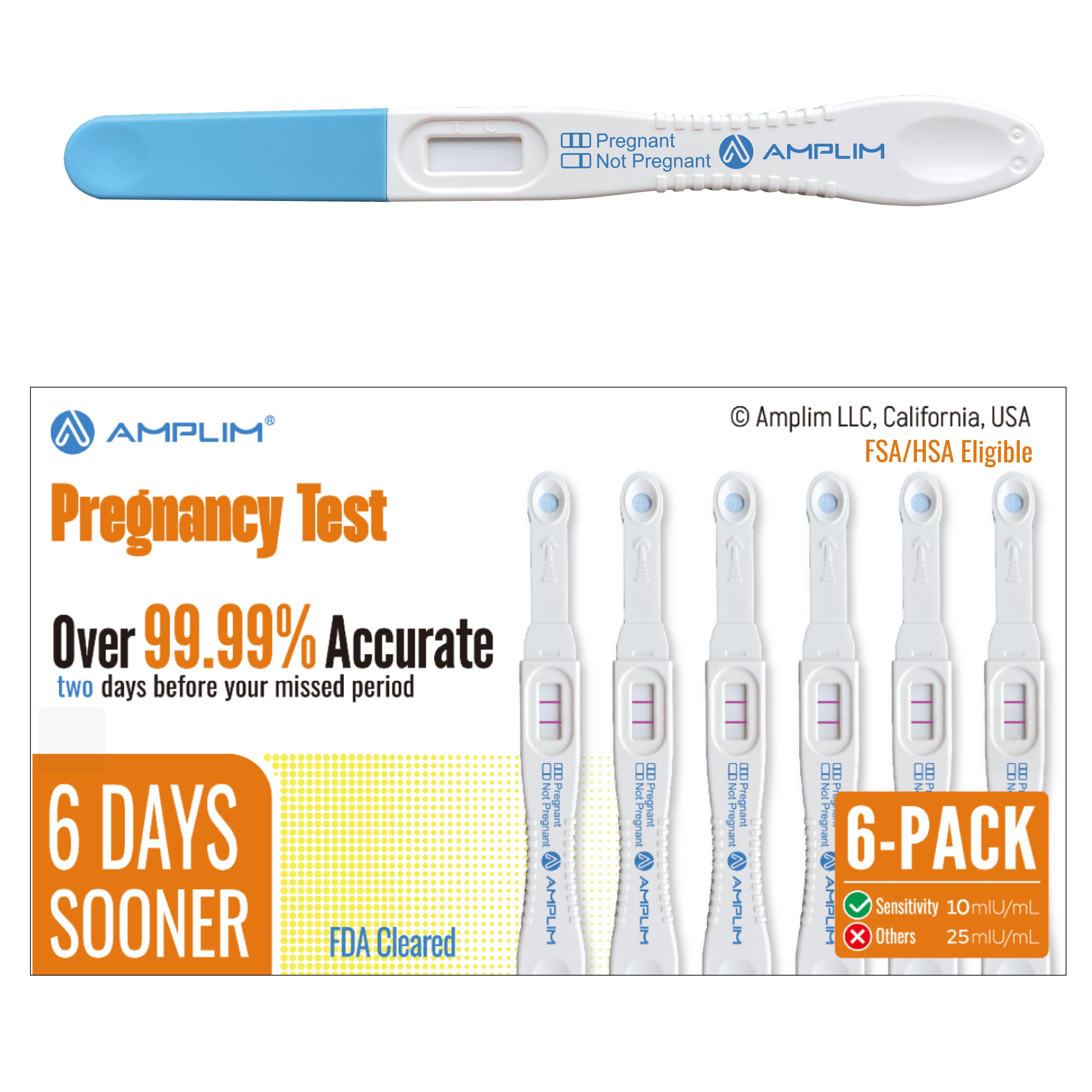 Amplim Early Detection HCG Pregnancy Test Sticks (HSA/FSA Eligible), 99.99% Accurate, Sensitive Midstream Home Medical Urine Test Kit for Women, Reliable Results 6 Days Sooner, 10 mIU/mL 6 Pack Bulk