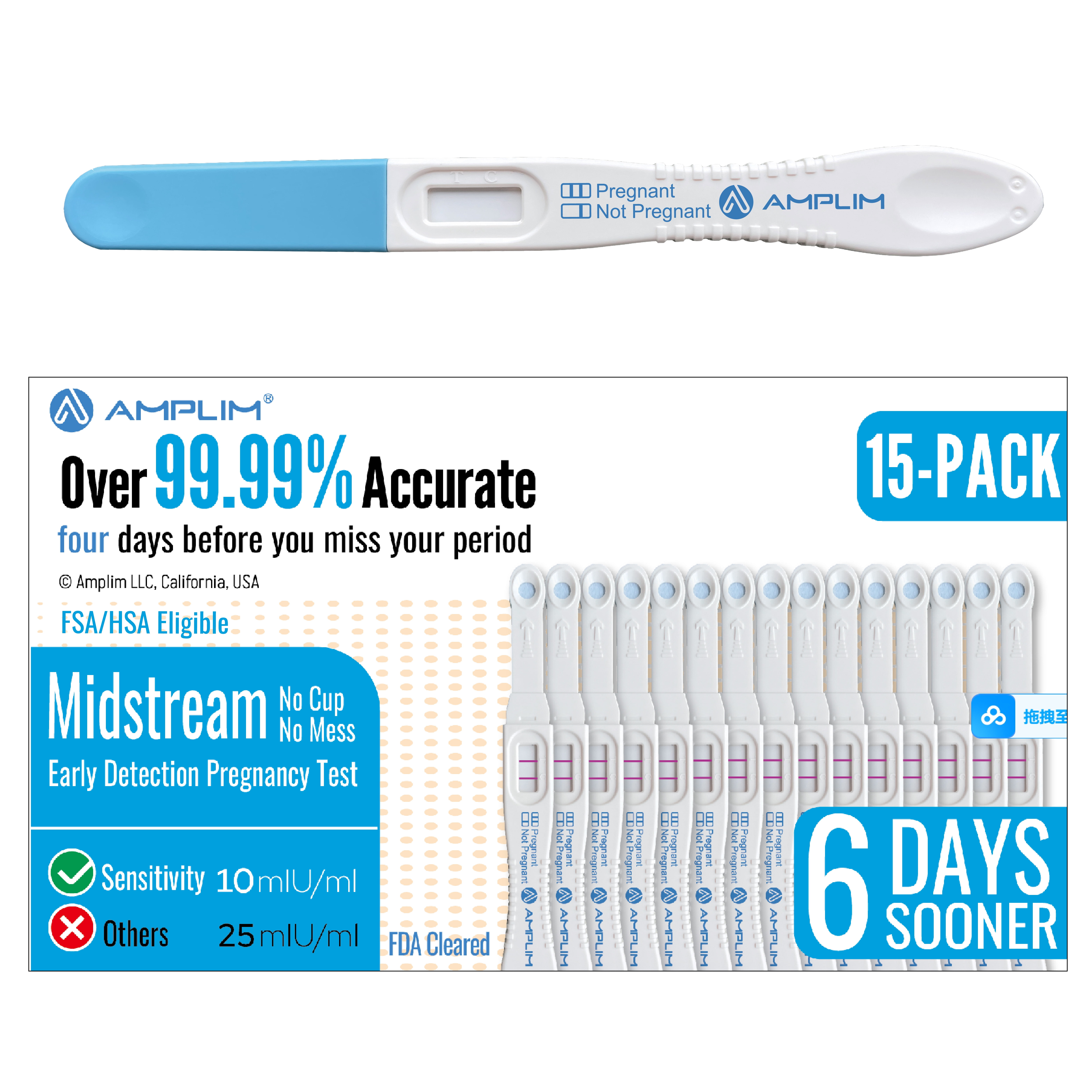 Amplim Early Detection HCG Pregnancy Test Sticks (HSA/FSA Eligible), 99.99% Accurate, Sensitive Midstream Home Medical Urine Test Kit for Women, Reliable Results 6 Days Sooner, 10 mIU/mL 15 Pack Bulk