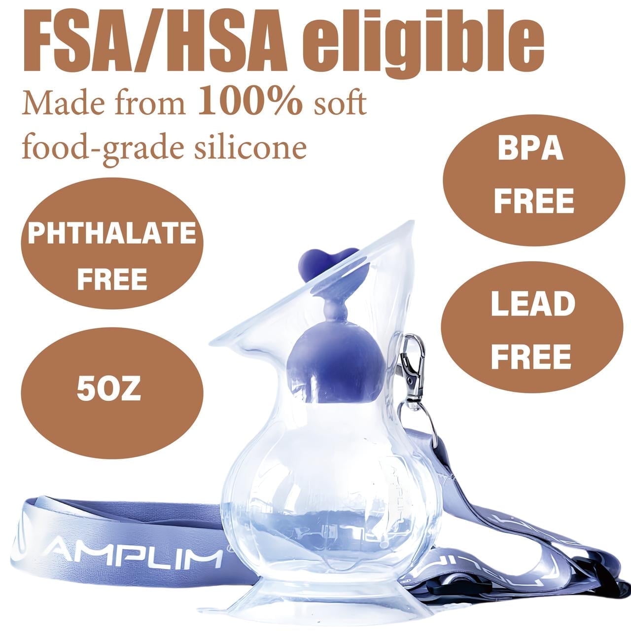 Amplim Gen 3 Manual Breast Pump - 5oz Food-Grade Silicone Milk Collector with Leakproof Stopper for Nursing Moms, Newborn Essentials (Purple)