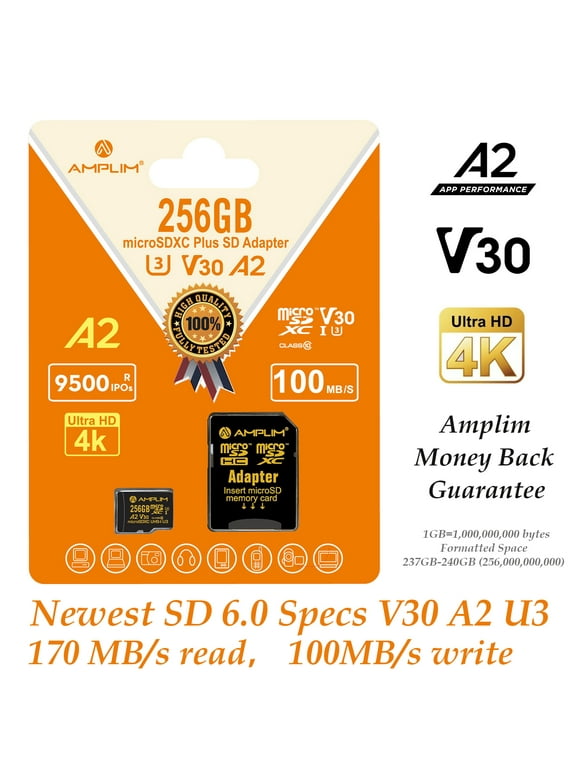 Amplim Micro SD Card 256GB, Extreme High Speed A2 MicroSD Memory Plus Adapter, MicroSDXC U3 Class 10 V30 UHS-I for Nintendo-Switch, GoPro Hero, Surface, Phone, Camera Cam, Tablet