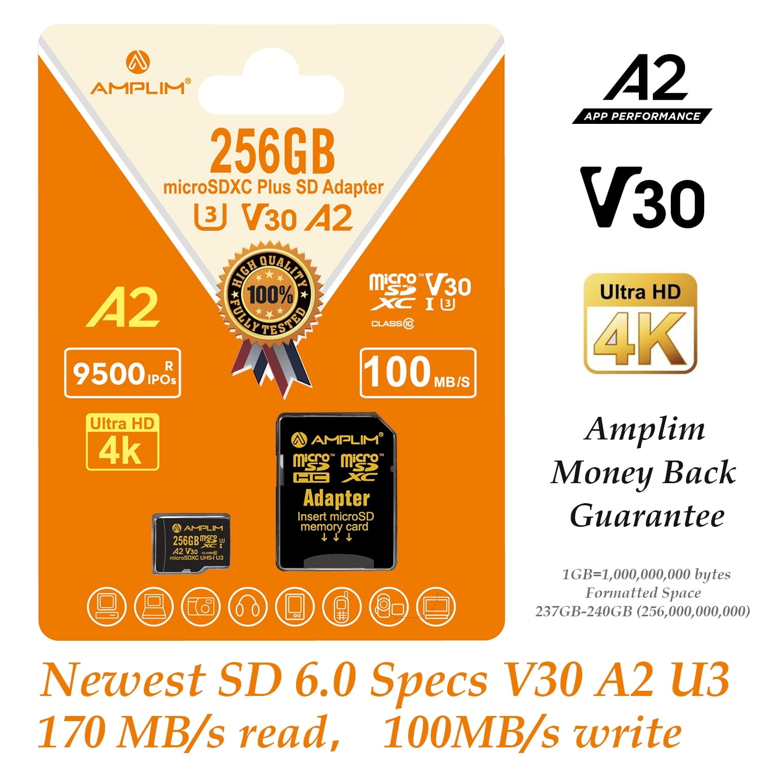 Amplim 256GB Micro SD Card - High Speed MicroSD for Camera, MicroSDXC Memory Card for Switch, Mini SDXC with Adapter, A2 U3 Class 10 for GoPro, Phone, Tablet Video