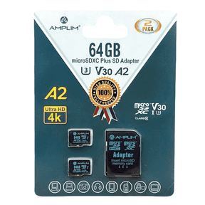 Amplim Micro SD Card 64GB | MicroSD Memory Plus Adapter | A2 MicroSDXC U3 Class 10 V30 UHS-I for GoPro Hero, Surface, Phone, Camera Cam, Tablet | Green 2 Pack