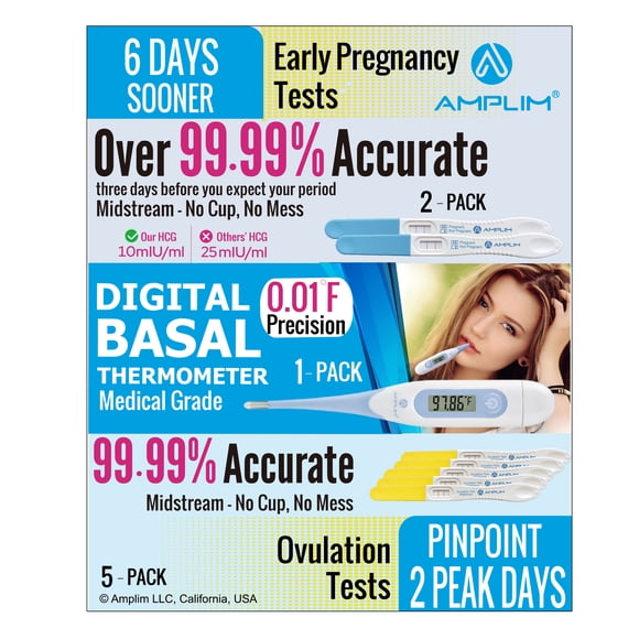 Amplim Fertility Test Kit – Midstream 99.99% Accurate Ovulation LH Test Sticks 5-Pack, 10 mIU/ml Ultra Sensitive Pregnancy HCG Test Sticks 2-Pack, Plus Basal Thermometer, FSA HSA Eligible