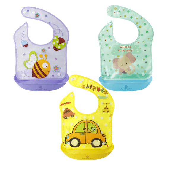 Amplim Infant & Baby Bibs, Waterproof, Convertible Drooling/Feeding Bib, Adjustable, Light Weight, BPA Free, Stain Resistant, Eco-Friendly, 3 Piece
