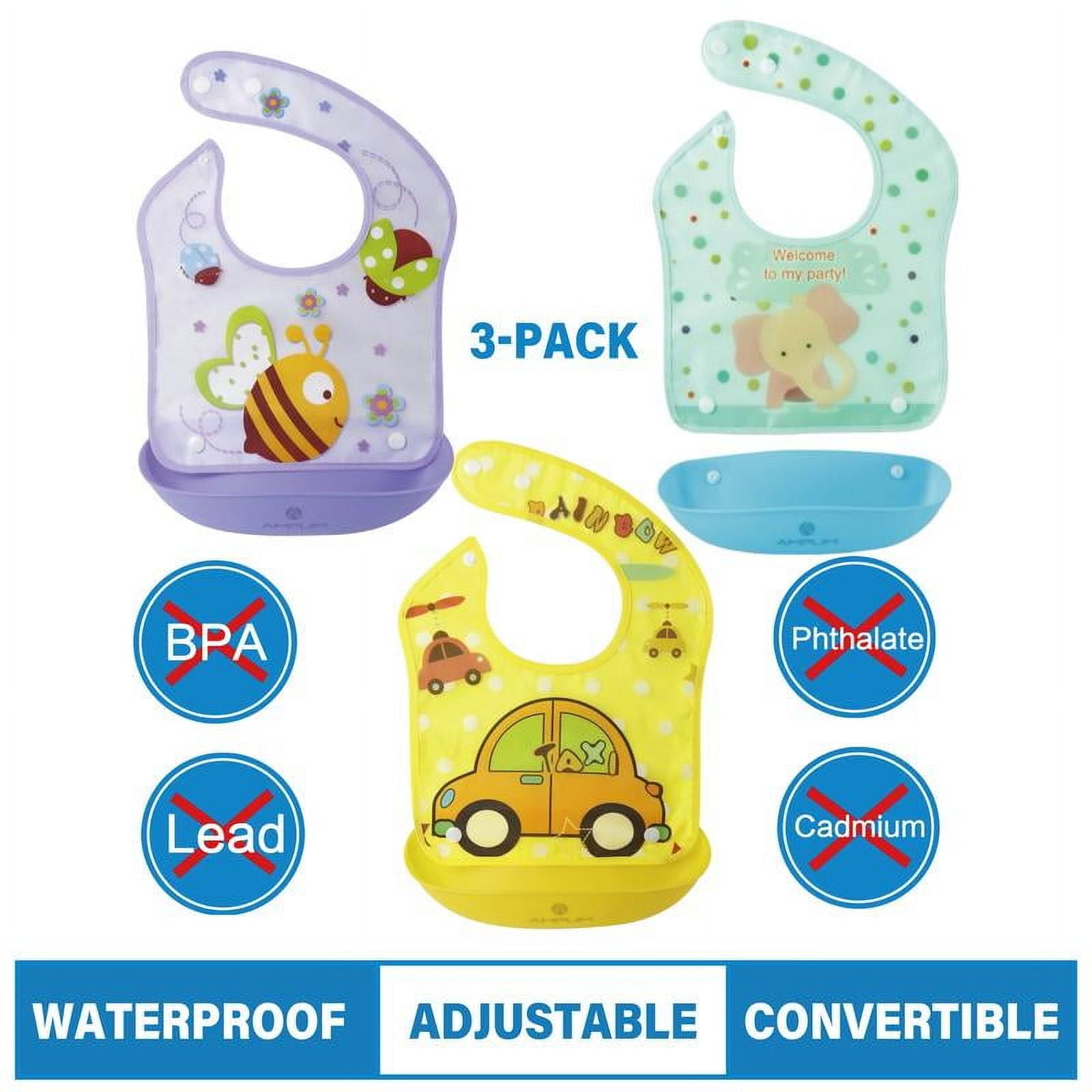 Amplim Infant & Baby Bibs, Waterproof, Convertible Drooling/Feeding Bib, Adjustable, Light Weight, BPA Free, Stain Resistant, Eco-Friendly, 3 Piece