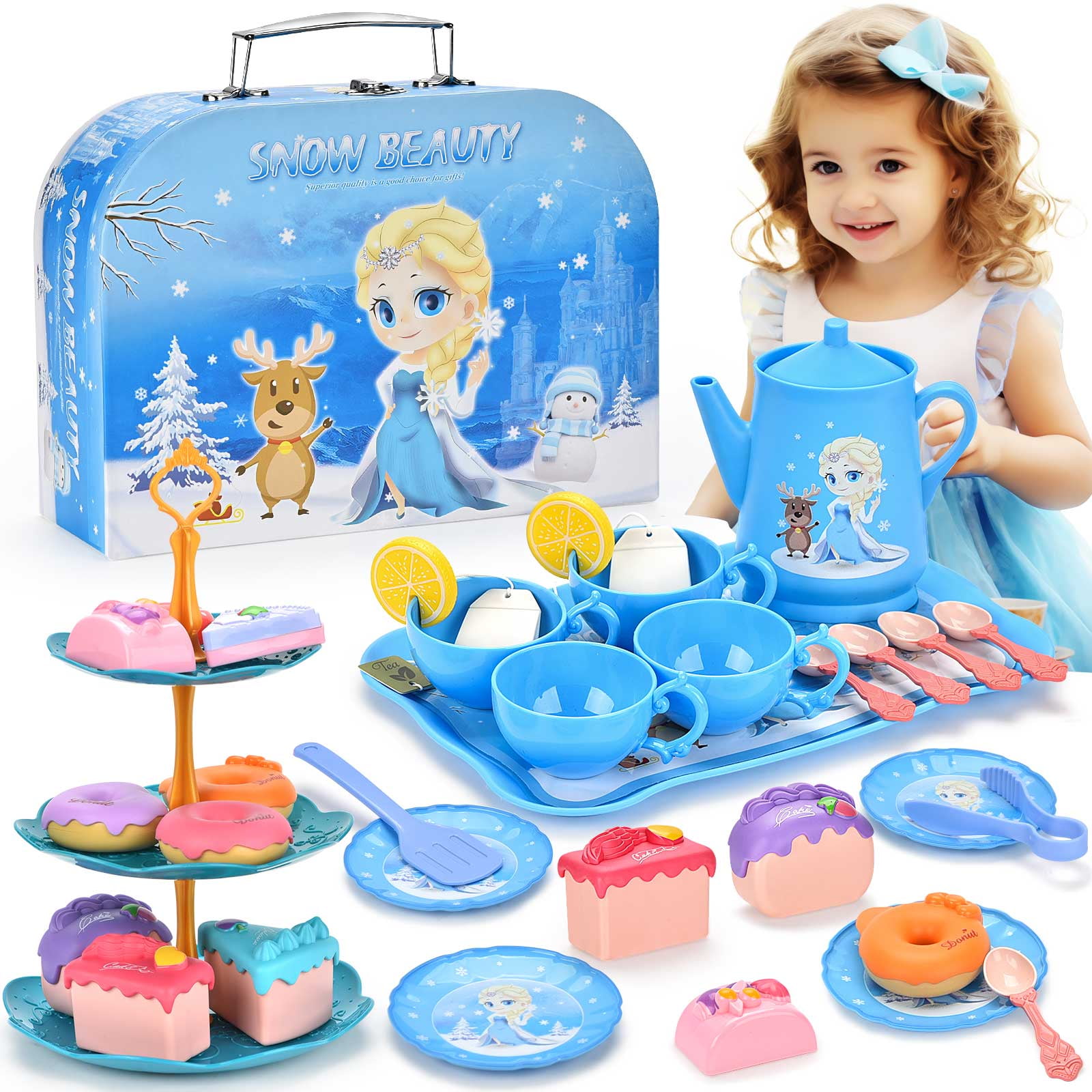 Amplov 44-Piece Princess Tea Set for Girls Ages 3–6, Toddler Pretend Tea Party Playset with Teapots, Plates, Cups, Spoons – Gift for Kids Kitchen Play