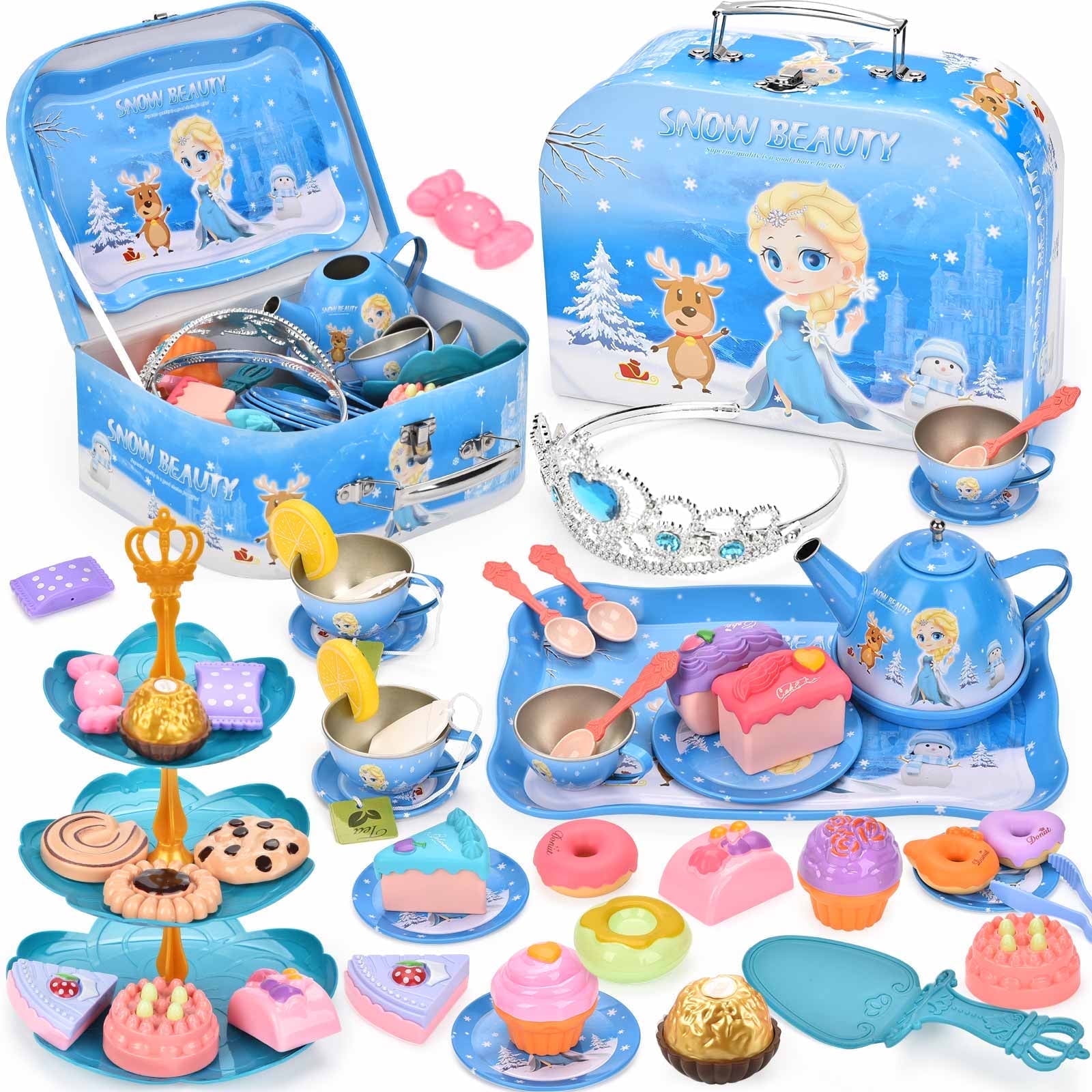 Amplov 50-Piece Princess Tea Set for Girls Ages 36, Toddler Pretend Tea Party Playset with Teapots, Plates, Cups, Spoons Gift for Kids Kitchen Play