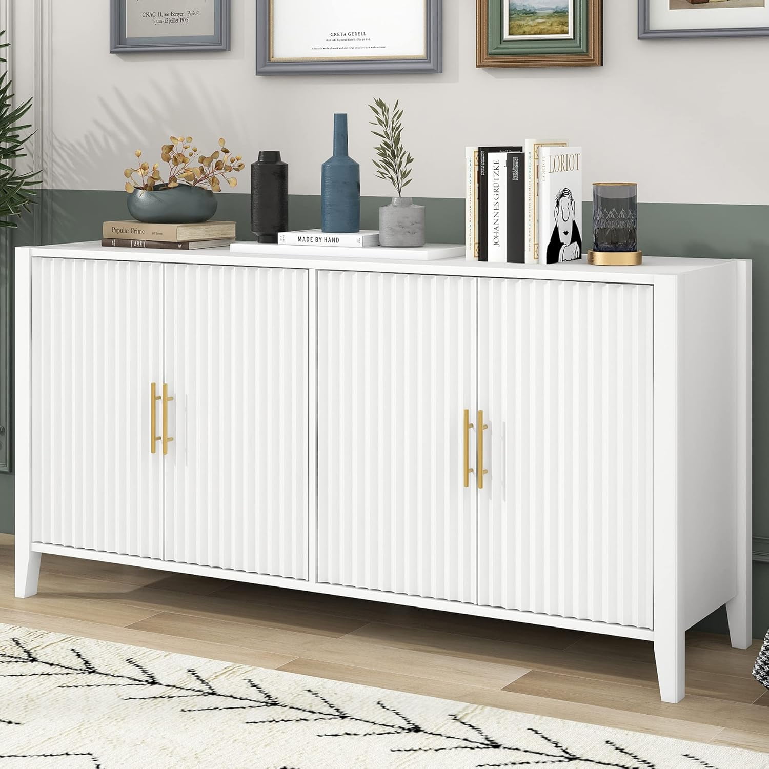 White Fluted 48-Inch Modern Sideboard Cabinet with Gold Handles