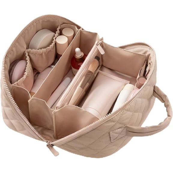 Amposei Makeup Bag Travel Toiletry Bag,Travel Makeup Bag for Women, Puffer Waterproof Cosmetic Organizer, Large Capacity Pouch Open Flat Small Toiletry Bag with Brush Compartment & Handle (Green)