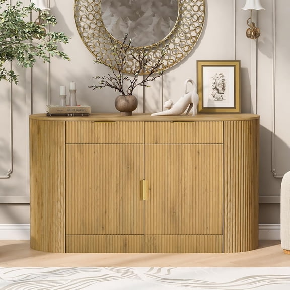 Amposei Modern Fluted Curved Sideboard Cabinet 55’’ Wooden Oval Credenza Buffet Console Storage Cabinet with Drawers for Living Room Entryway Dining Hallway, Natural