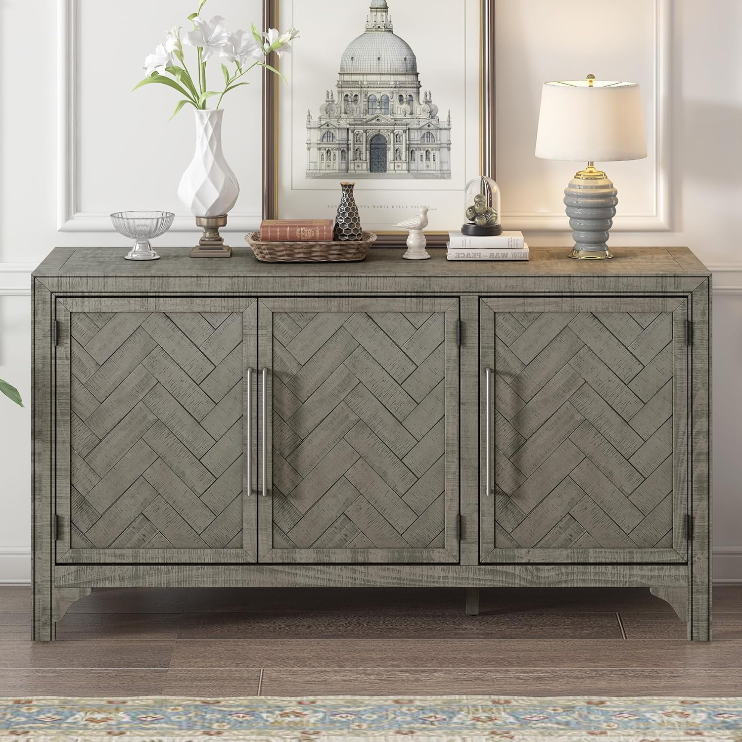 Amposei Modern Vintage Sideboard Cabinet 60-Inch Credenza 3-Door ...