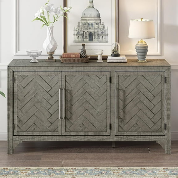Amposei Modern Vintage Sideboard Cabinet 60-Inch Credenza 3-Door Console Storage Cabinet Entryway Cabinet with Adjustable Shelves for Living Dining Room Hallway, Gray