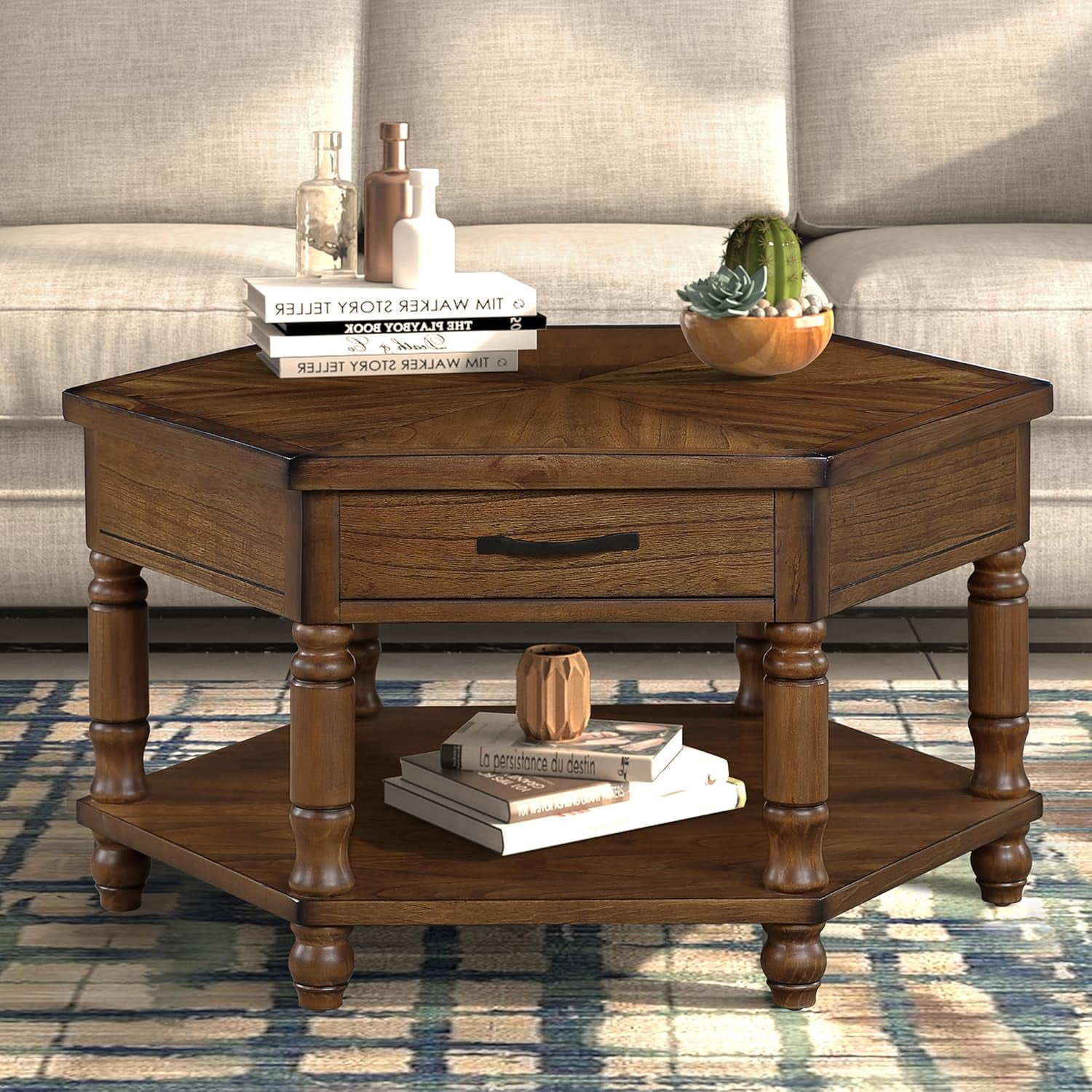 Amposei Traditional Wood Coffee Table 36-Inch Vintage Hexagon Center ...