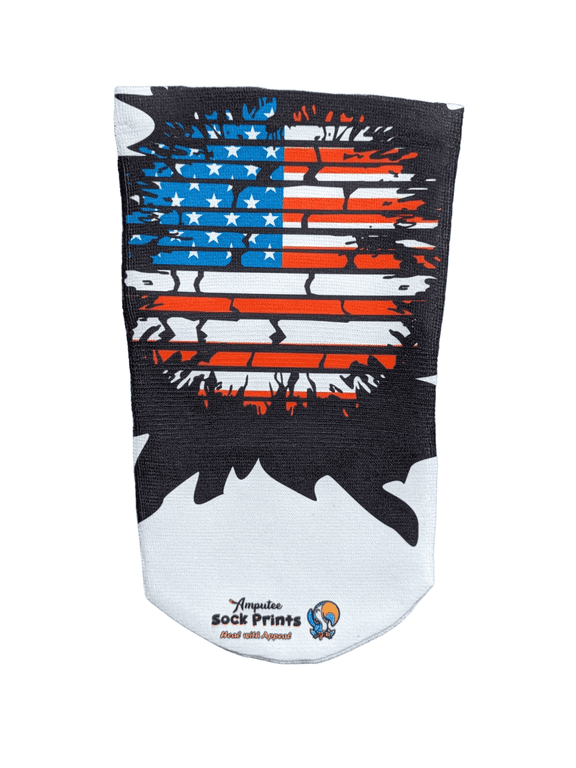 Amputee Sock "American Flag Circlular Broken Wall Black V1", 3PLY Residual Wound, Over Shrinker Sock
