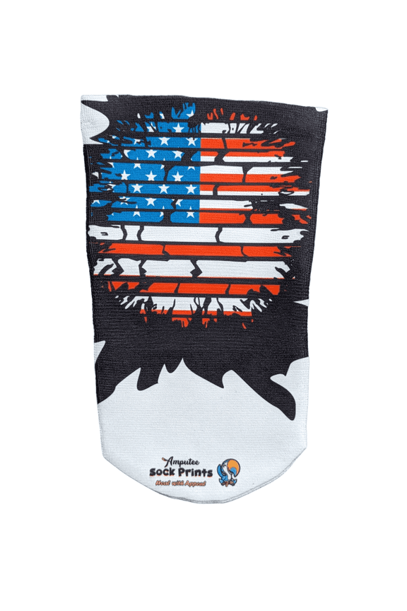 Amputee Sock "American Flag Circlular Broken Wall Black V1", 3PLY Residual Wound, Over Shrinker Sock