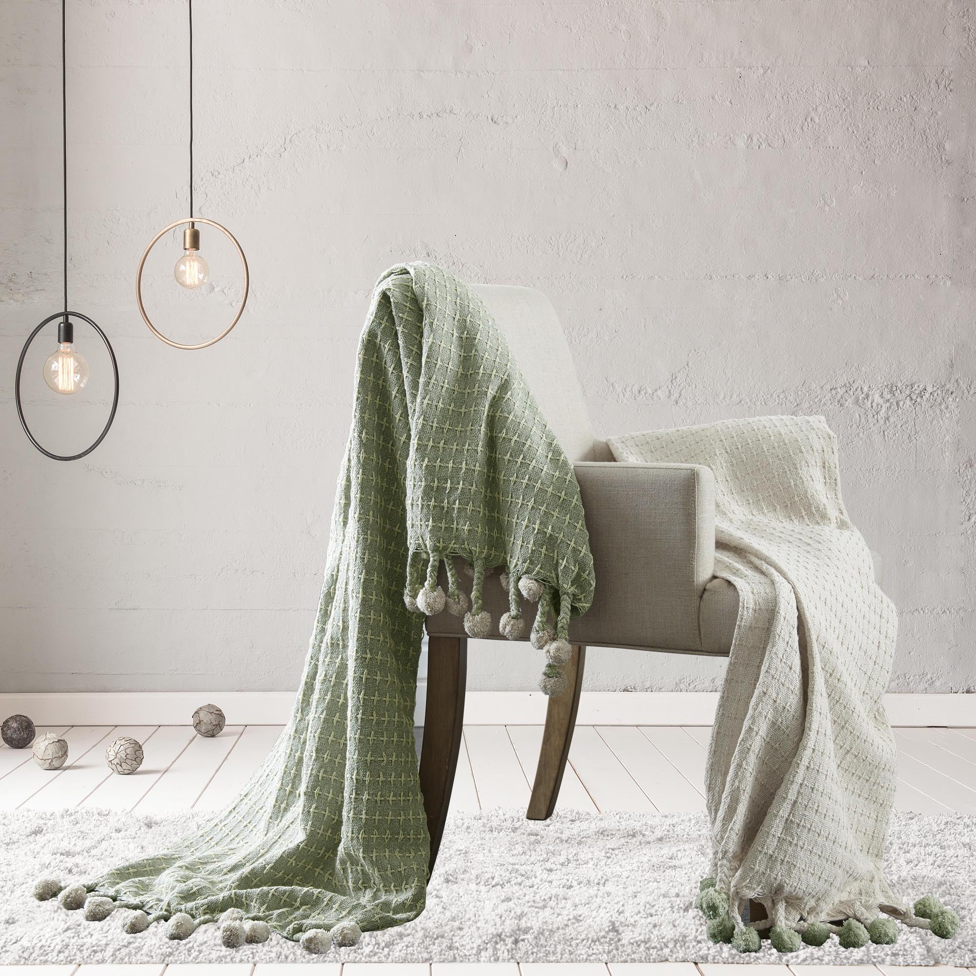 Amrapur Cross Stitch 100 Cotton Throw Blanket with Pom Poms, 50" x 60