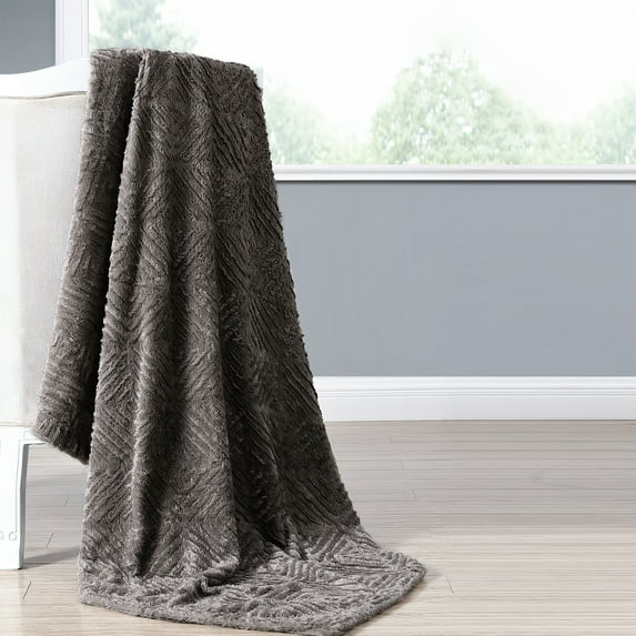 Amrapur Luxury Faux Fur Micorfiber Throw Blanket, 50" x 60", Dark Gray