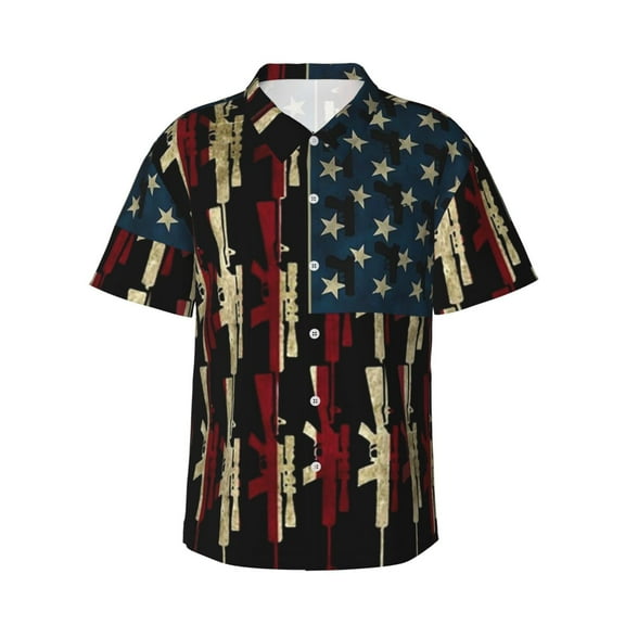 Amrican Gun Flag Men'S 3d Print Casual Button Down Shirts, Novelty Hawaiian Short Sleeves L