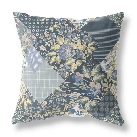 Arizona Floral Patches Indoor/Outdoor Fabric Pillow in Dark Blue Yellow 20x20