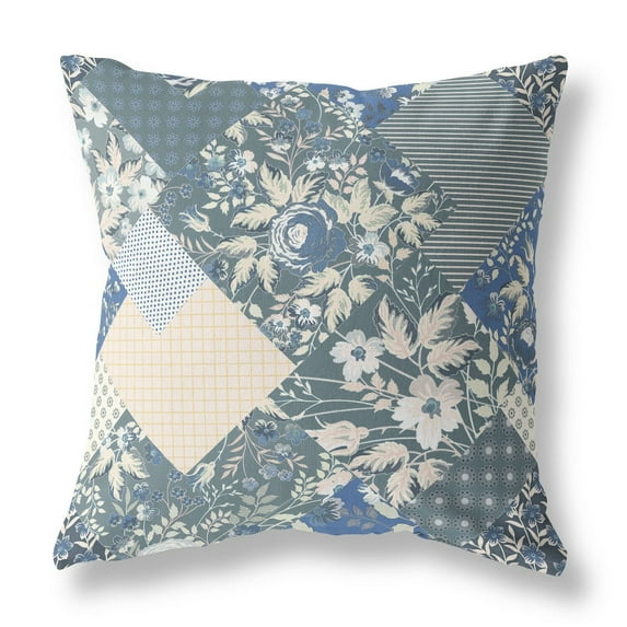 Arizona Floral Patches Indoor/Outdoor Fabric Pillow in Dark Gray Blue 18x18