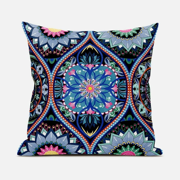 Amrita Sen Bohemian Mandala Vector Throw Pillow in Black Blue Orange Pink 20x20
