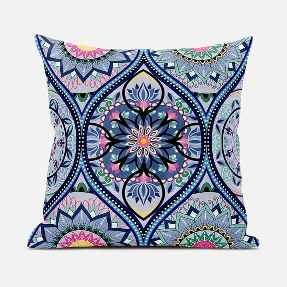 Amrita Sen Bohemian Mandala Vector Throw Pillow in Gray Blue Green Pink 16x16
