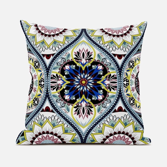 Amrita Sen Bohemian Mandala Vector Throw Pillow in White Black Yellow 16x16