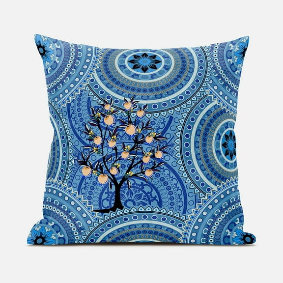 Amrita Sen Boho Mandala Plant Throw Pillow with Removable Cover in Blue Orange White 18x18