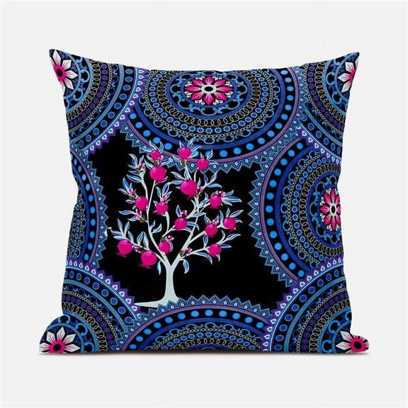 Amrita Sen Boho Mandala Plant Throw Pillow with Removable Cover in Indigo Black Pink 18x18