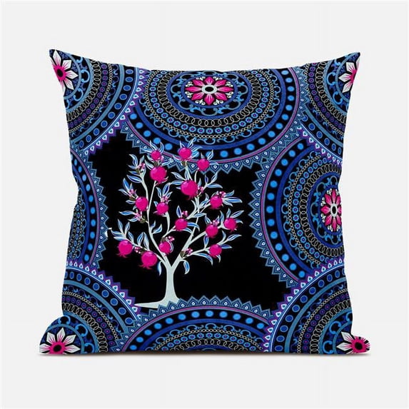 Amrita Sen Boho Mandala Plant Throw Pillow with Removable Cover in Indigo Black Pink 18x18