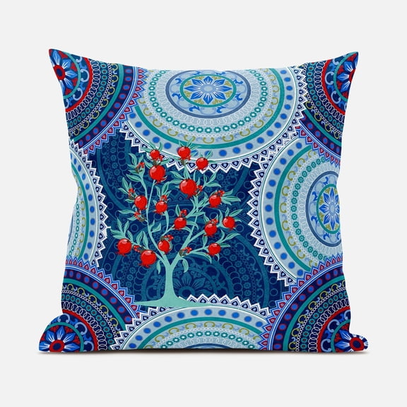 Amrita Sen Boho Mandala Plant Throw Pillow with Removable Cover in Indigo White Red 18x18