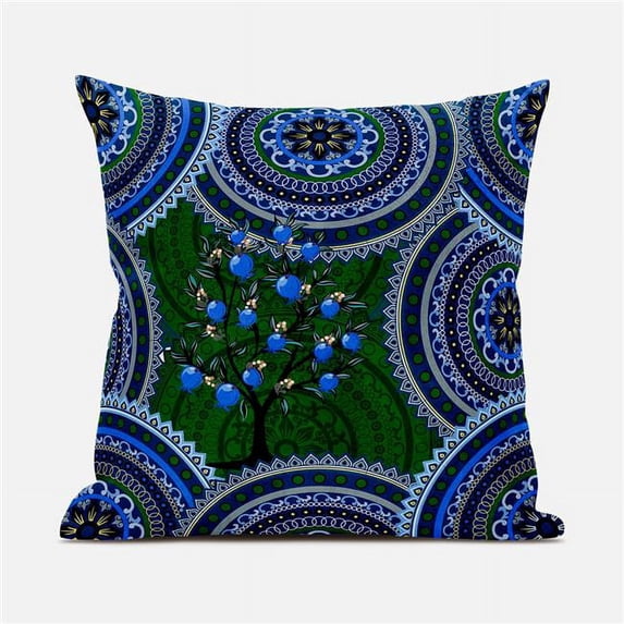 Amrita Sen Boho Mandala Plant Throw Pillow in Indigo Geen Yellow 16x16