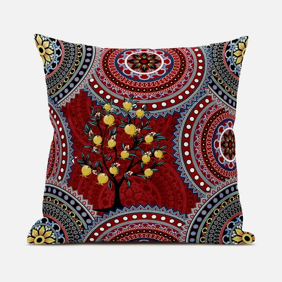 Amrita Sen Boho Mandala Plant Throw Pillow in Red Black Yellow 20x20