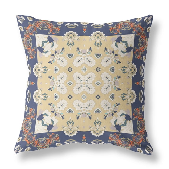 Rose Box Faux Suede Fabric Throw Pillow in Blue Yellow 16x16