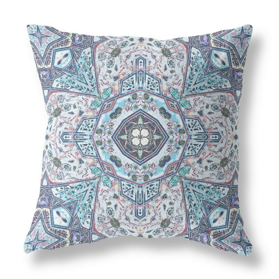 Buddha Flower Ceremony Indoor/Outdoor Fabric Pillow in Gray Light Blue 16x16