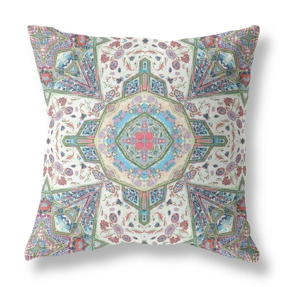 Amrita Sen Buddha Flower Ceremony Broadcloth Indoor Outdoor Blown and Closed Pillow Green Cream Pink
