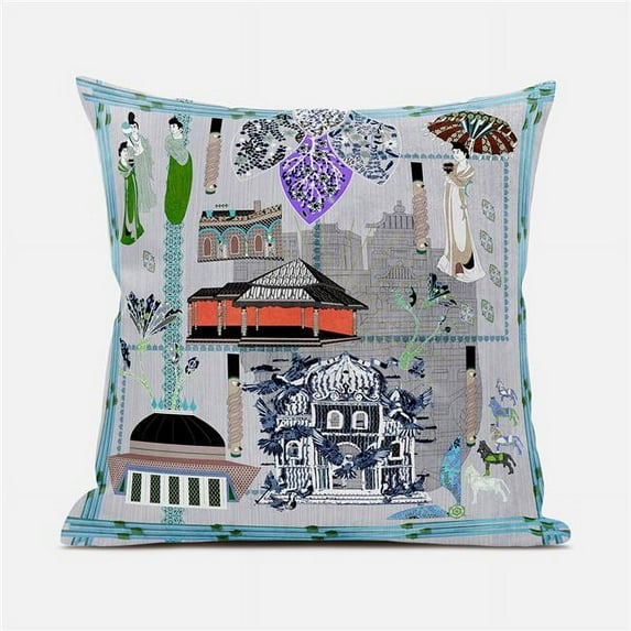 Amrita Sen Designs CAPL987BrCDS-BL-28x28 28 x 28 in. City Palace Broadcloth Indoor & Outdoor Blown & Closed Pillow - Grey, Blue & Green