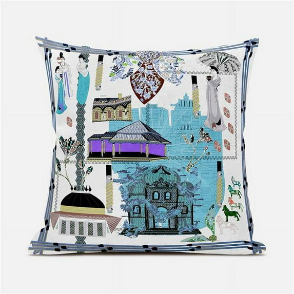 Amrita Sen Designs CAPL989BrCDS-ZP-26x26 26 x 26 in. City Palace Broadcloth Indoor & Outdoor Zippered Pillow - White & Blue