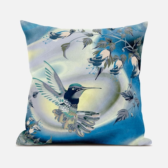 Amrita Sen Curious Humming Bird Throw Pillow in Blue Yellow 16x16
