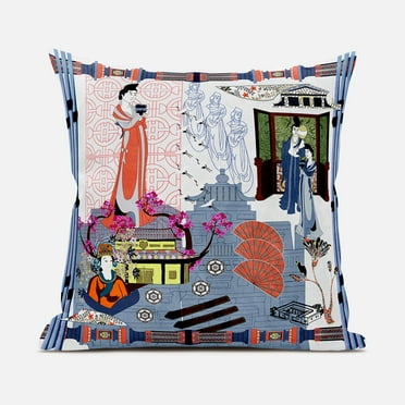 Amrita Sen Empress Hall Indoor/Outdoor Pillow in White Orange Blue 16x16