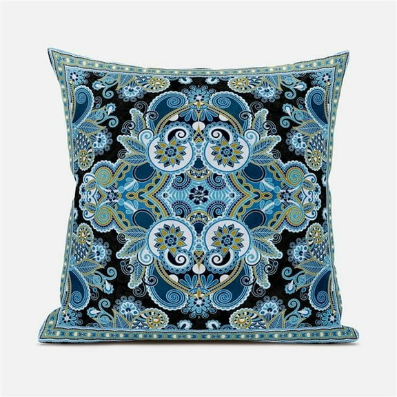 Floral Paisley Indoor/Outdoor Pillow in Black Blue Yellow 16x16